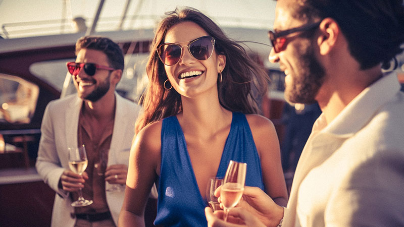 Mujer sonriendo con una copa de champagne